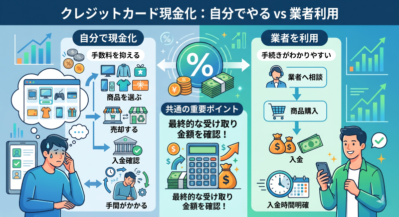 クレジットカード現金化を自分でやるか業者でやるか
