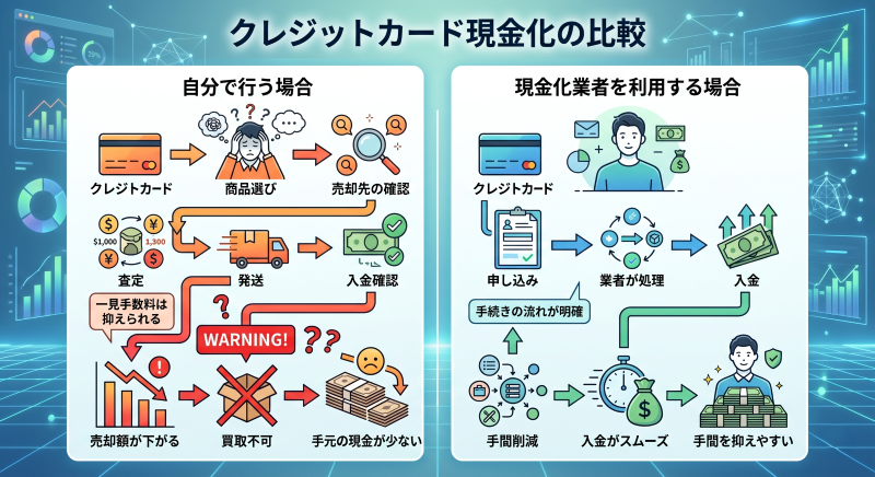 クレジットカード現金化をするなら自分でやるだけではなく業者利用も検討