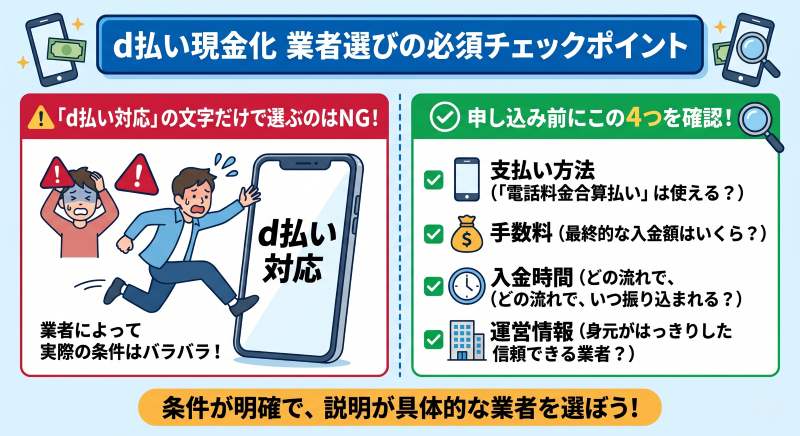 d払い現金化業者選びのチェックポイント