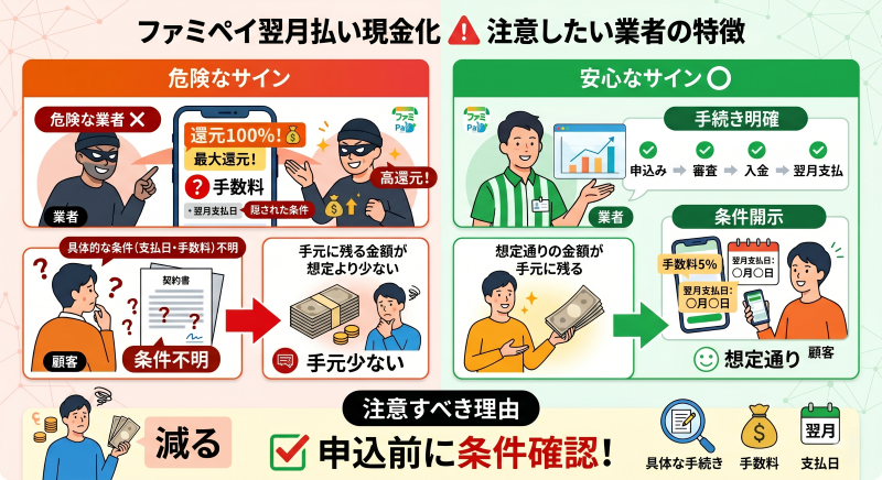 ファミペイ翌月払い現金化で注意した方がいい業者の特徴