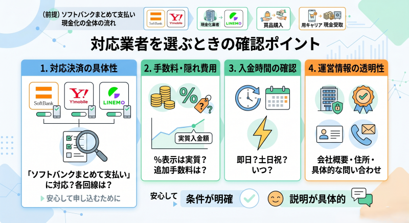 ソフトバンクまとめて支払い現金化をするときの業者選びのポイント